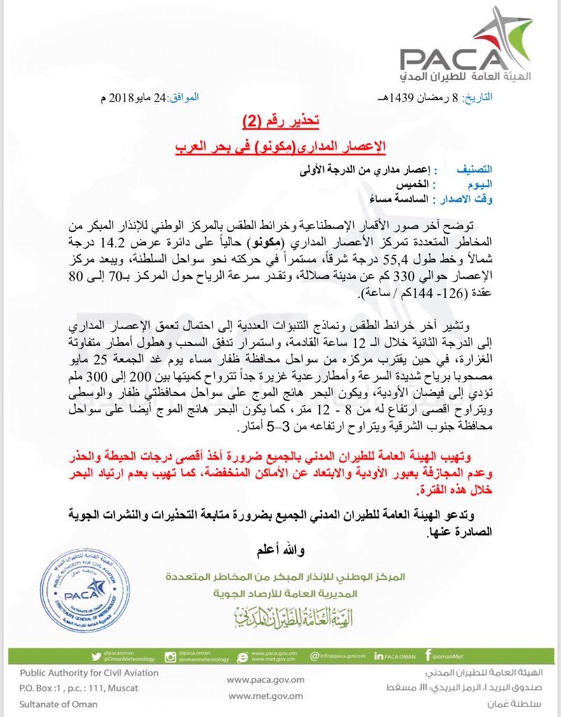 تحذير رقم (٢) : الإعصار المداري مكونو في بحر العرب