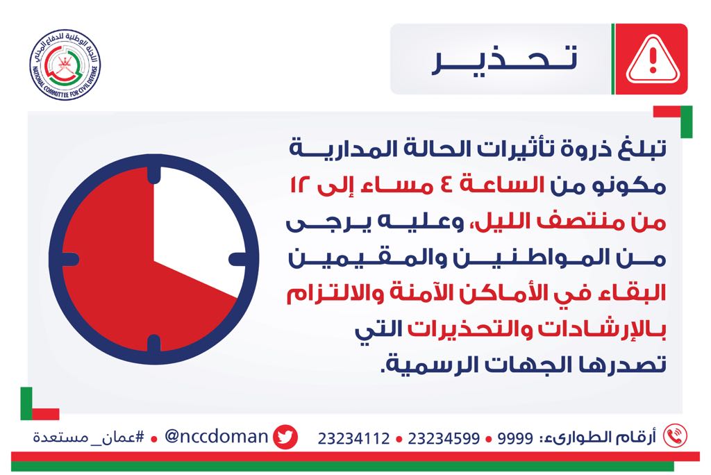 تحذير : الحالة المدارية في ذروة تأثيراتها من الآن وحتى 12 منتصف الليل