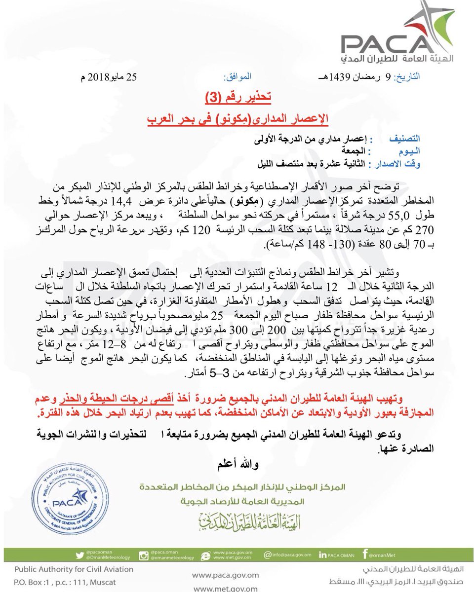 تحذير رقم (٣): الإعصار المداري مكونو في بحر العرب