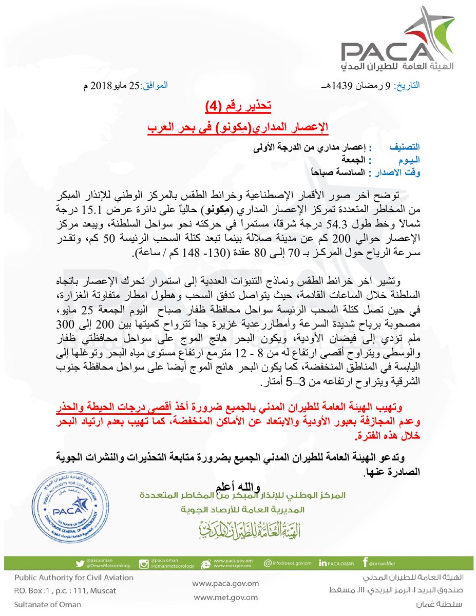 تحذير رقم 4: الإعصار المداري مكونو في بحر العرب