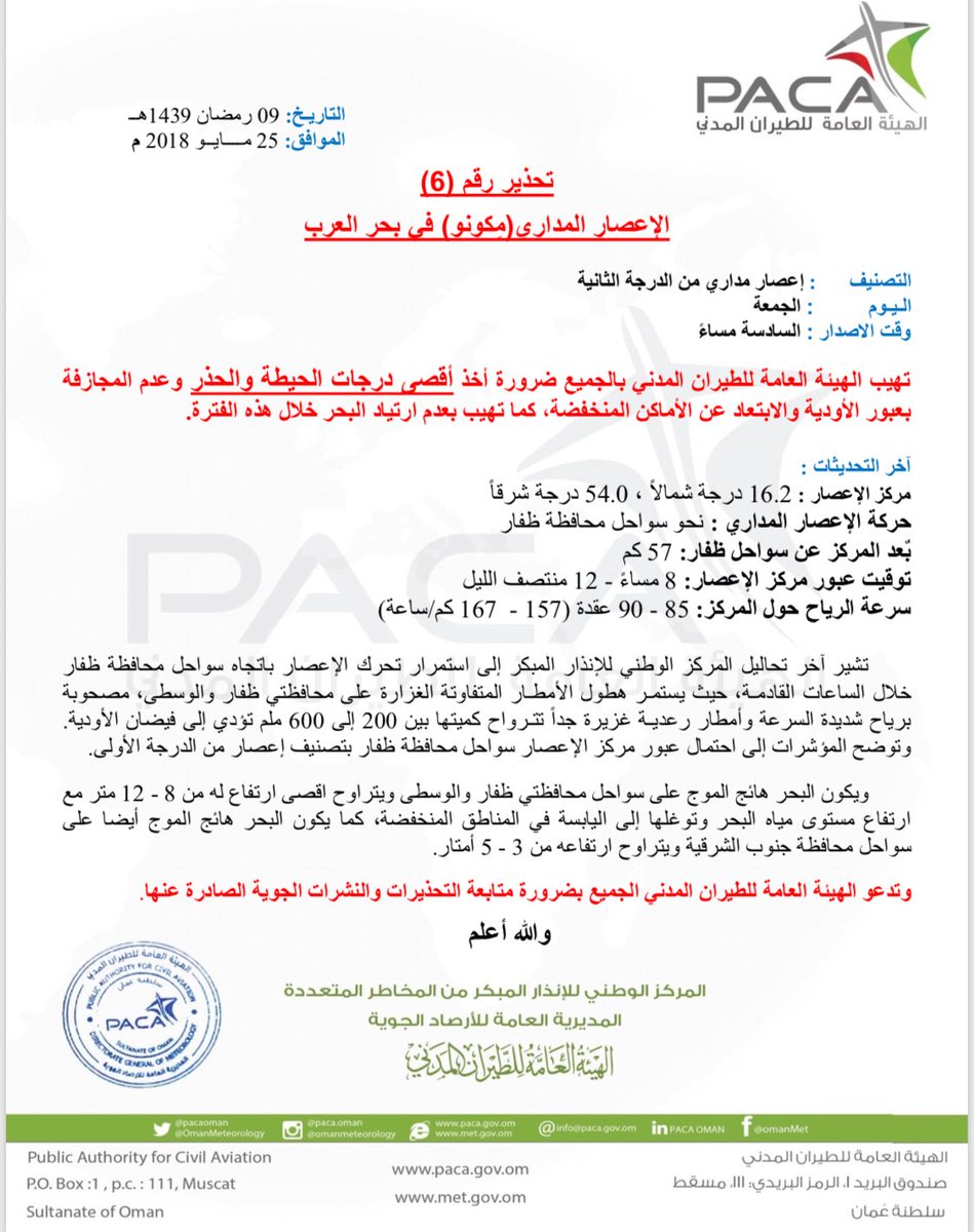 تحذير رقم 6 :الإعصار المداري مكونو في بحر العرب