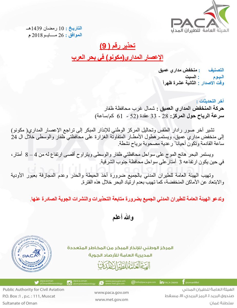 تحذير رقم 9 : تراجع الإعصار المداري مكونو إلى منخفض مداري عميق