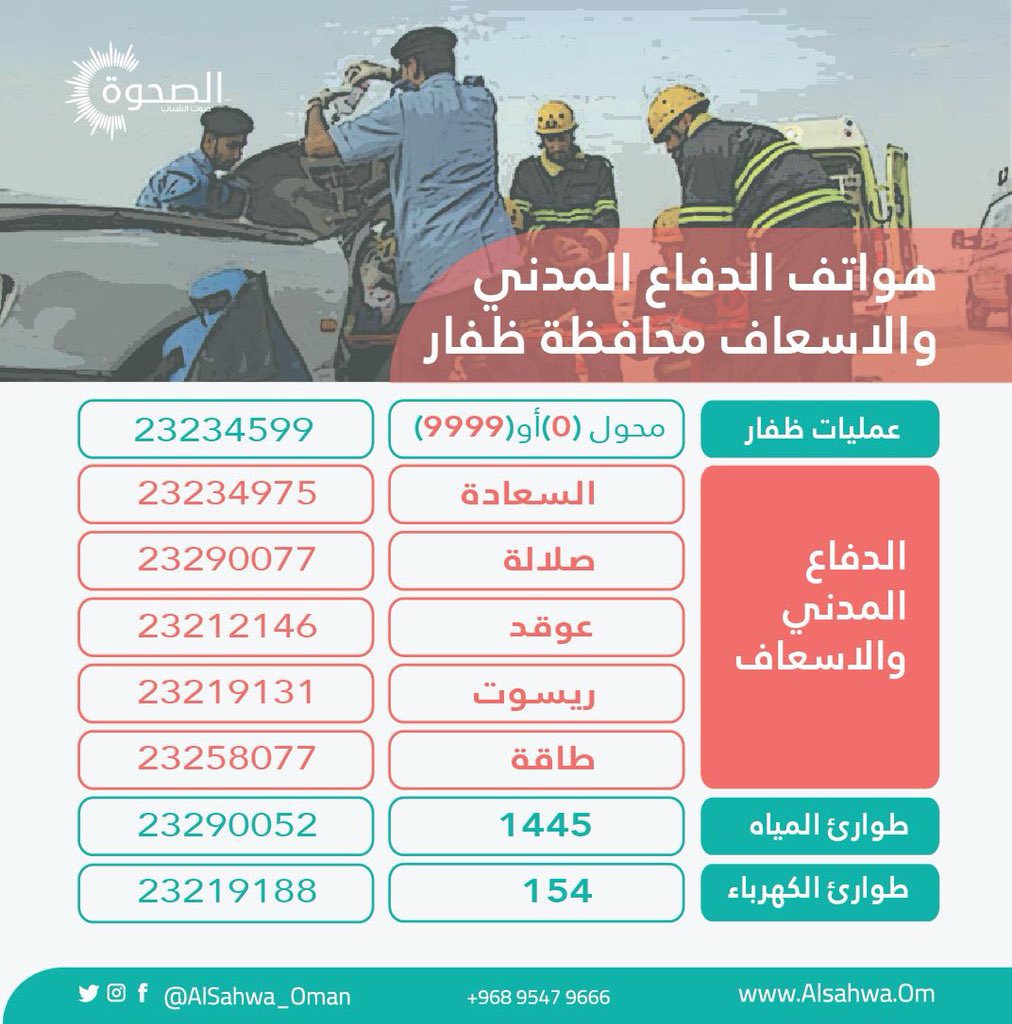 الصحوة | هواتف الدفاع المدني والإسعاف في محافظة ظفار