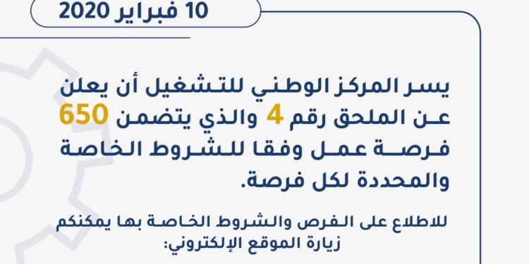 المركز الوطني للتشغيل يعلن عن 650 فرصة عمل
