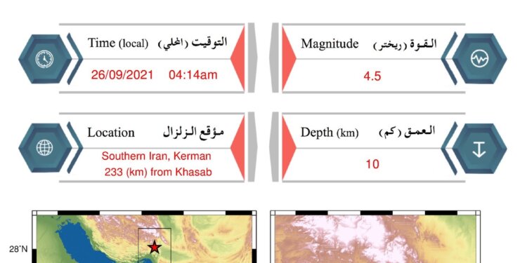 زلزال يبعد عن خصب 233 كم